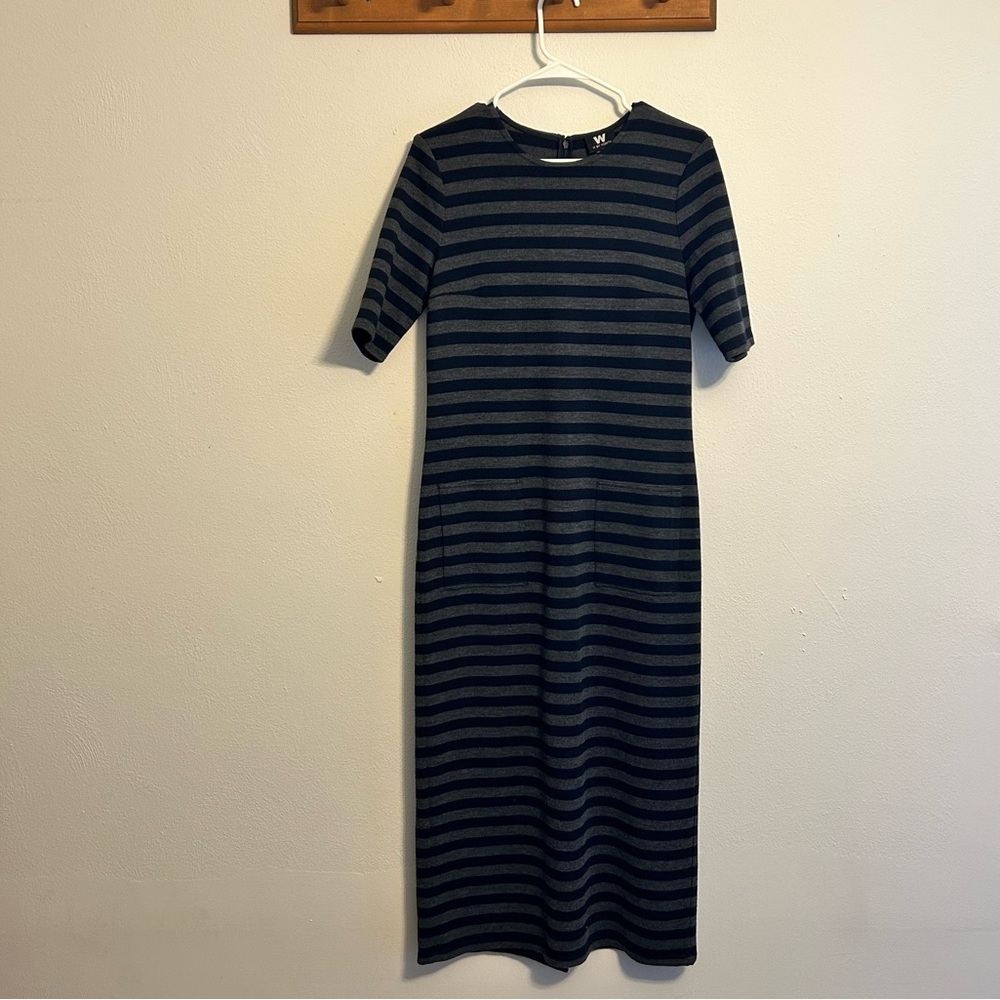 W by Worth Wool Blend Navy Blue and Gray Striped Midi Dress Size 8